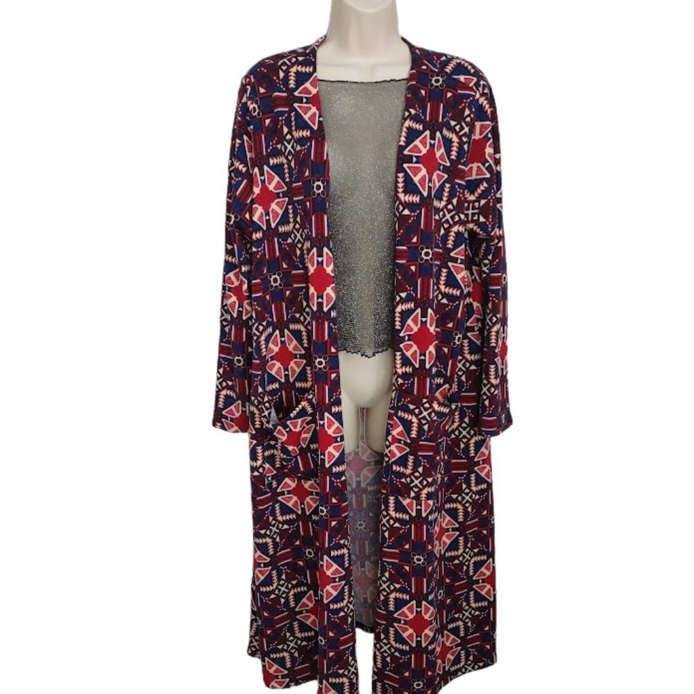 LuLaRoe Red White and Blue Geometric Folk Art Boho Duster Robe Cardigan XL